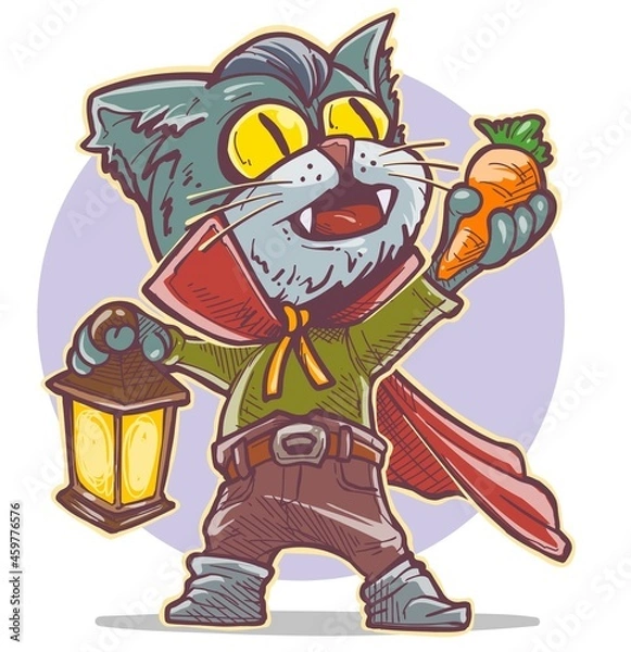 Fototapeta Cartoon funny spooky vampire cat in cape with canines holding carrot and lamp. Halloween vector on violet background.