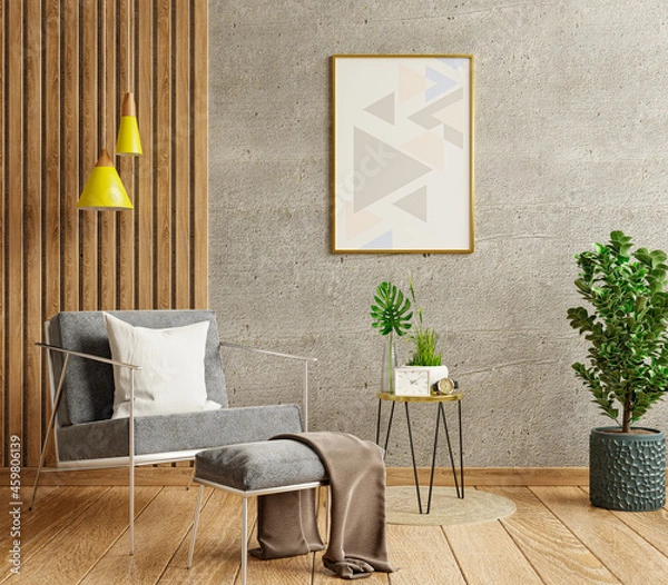 Fototapeta Mockup poster frame in a modern living room with an empty concrete wall.