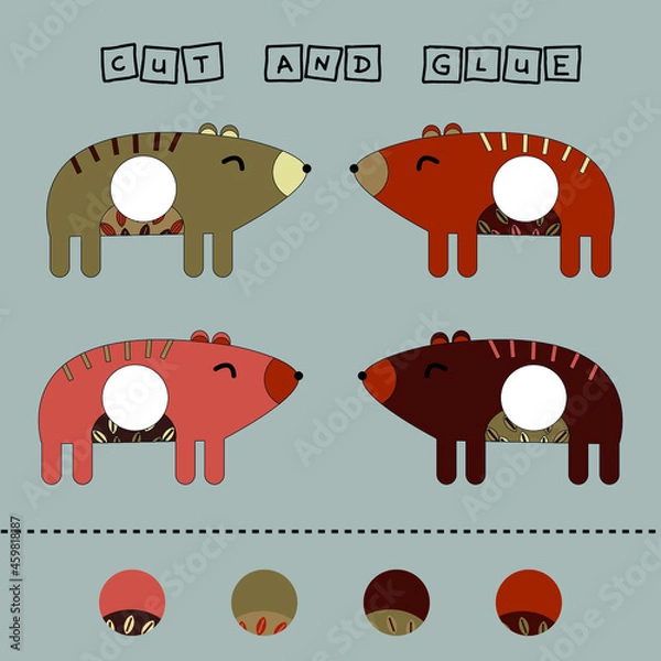 Fototapeta worksheet vector design, the task is to cut and glue a piece on colorful  bears. Logic game for children.