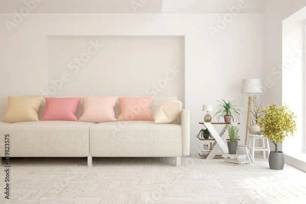 Fototapeta Autumn concept of living room with sofa. Scandinavian interior design. 3D illustration