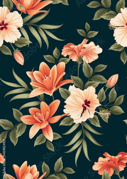 Fototapeta Seamless pattern of hibiscus flowers and lily with leaf background template. Vector set of floral element for tropical print, wedding invitations, greeting card, brochure, banners and fashion design.
