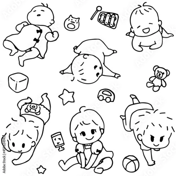 Fototapeta ねんね期～はいはいするまでの赤ちゃんのイラストセット