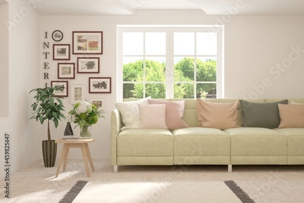 Fototapeta White living room with sofa and summer landscape in window. Scandinavian interior design. 3D illustration