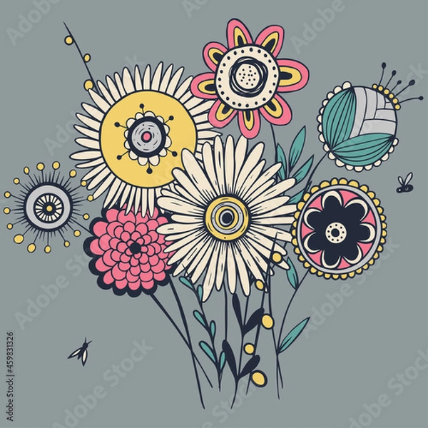 Fototapeta Spring wild flower bouquet, big bunch of various spring flowers with branches, different field flowers collected in rustic bouquet, cute cartoon vector art, garden blossom