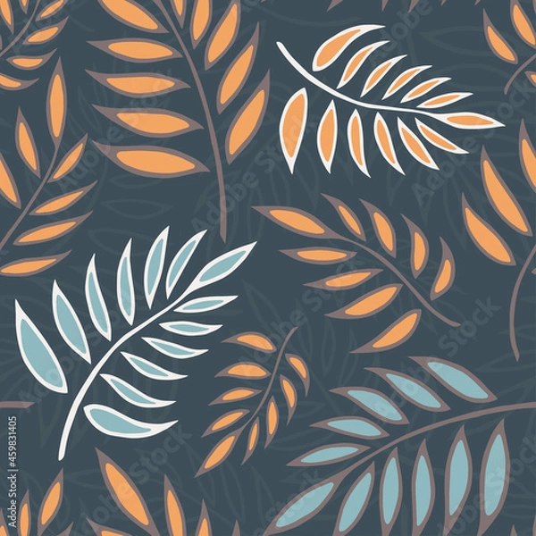 Fototapeta Seamless vector background with different fern leaves on grey background. Vector illustration