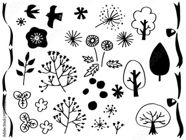 Obraz 北欧系かわいい花と木と実の手書きラフセット