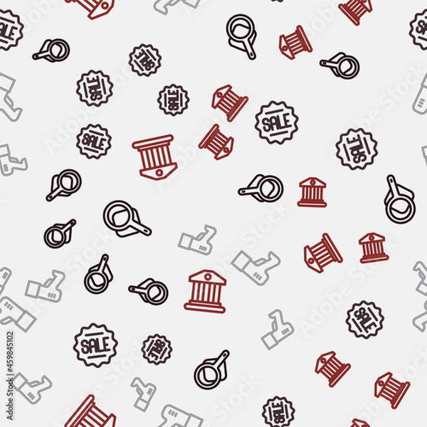Obraz Set line Magnifying glass, Price tag with Sale, Scanner scanning bar code and Bank building on seamless pattern. Vector