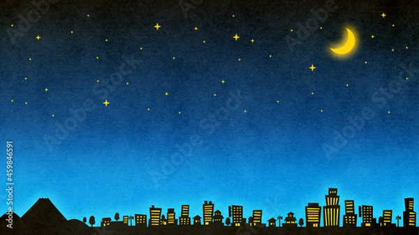 Obraz イラスト ：富士山と町並みシルエット　夜