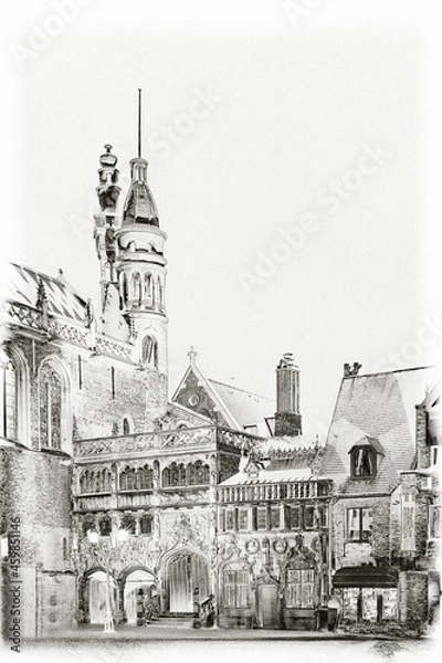 Fototapeta Bruges is the capital of the West Flanders province in northwest Belgium, Basilica of the Holy Blood in the square in the city center. Artwork, graphics, engraving.