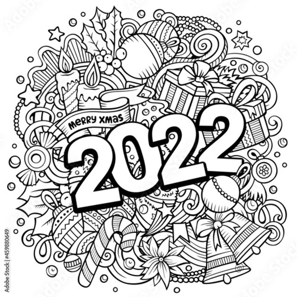 Fototapeta 2022 hand drawn doodles illustration. New Year objects and elements poster