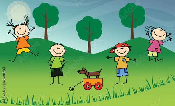 Fototapeta Vector Illustration of Funny kids playing outdoors. Happy girls jump together on a sunny day.