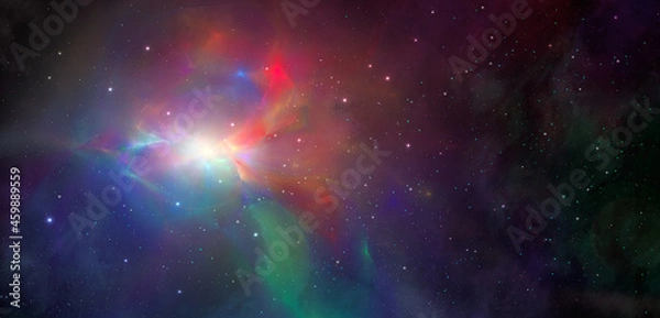 Fototapeta Space background. Colorful fractal nebula in red, green and blue color with stars. Digital painting