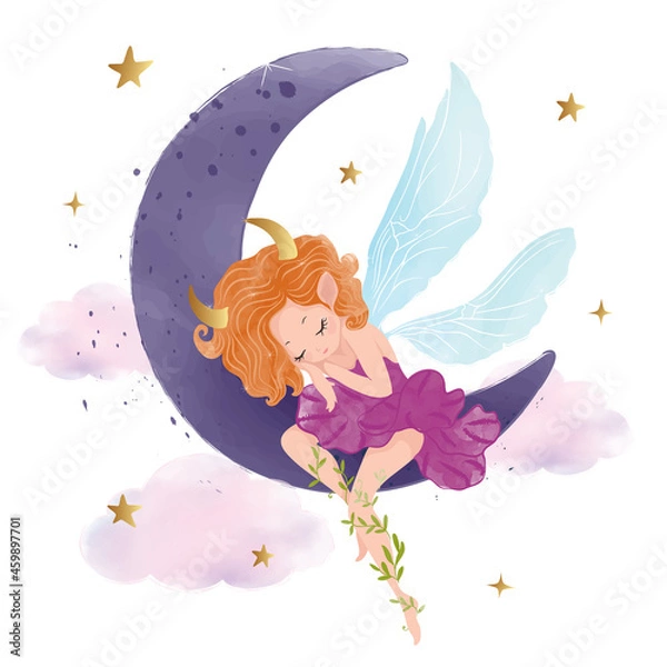 Obraz Pretty fairy sleeps on the moon, watercolor vector illustration, graphic for kid posters, wallpapers, textile artworks