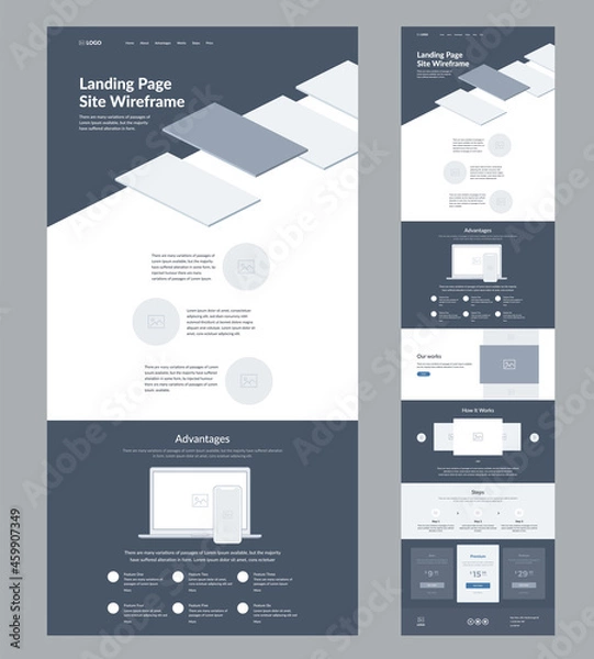 Fototapeta Website design template. Modern wireframe landing page for development. Flat one page site. UI UX elements. 