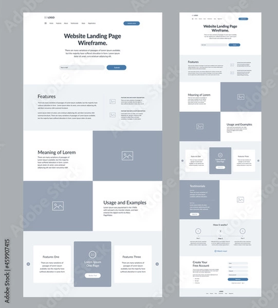 Fototapeta Website design template. Modern wireframe landing page for development. Flat one page site. UI UX elements. 