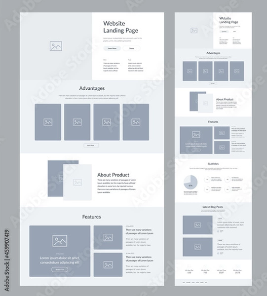 Fototapeta Website design template. Modern wireframe landing page for development. Flat one page site. UI UX elements. 
