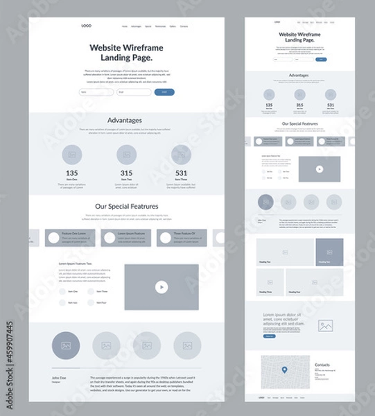 Fototapeta Website design template. Modern wireframe landing page for development. Flat one page site. UI UX elements. 