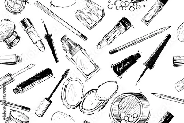 Fototapeta Seamless pattern of makeup products, monochrome vector