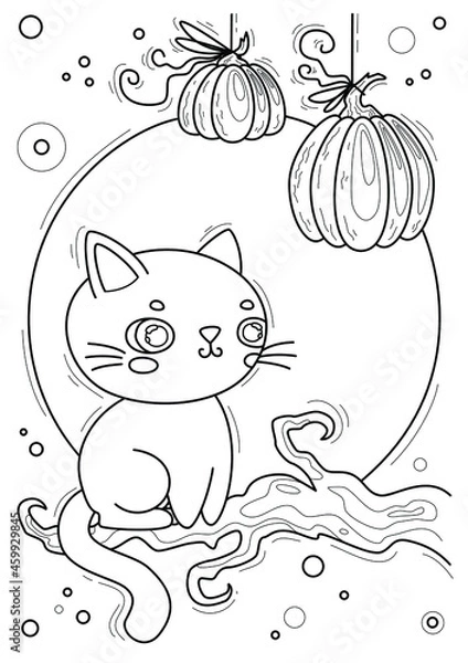Obraz Coloring page with cat and moon, hand-drawn vector illustration.