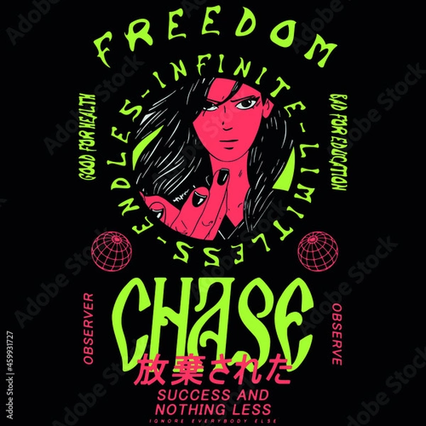 Obraz Japanese slogan with manga face Translation: "Abandoned." Vector design for t-shirt graphics, banner, fashion prints, slogan tees, stickers, flyer, posters and other creative uses	
