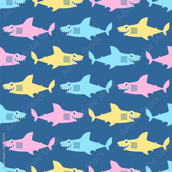 Obraz Shark cartoon pattern seamless. Sea predator background. Big fish monster texture. Baby fabric ornament