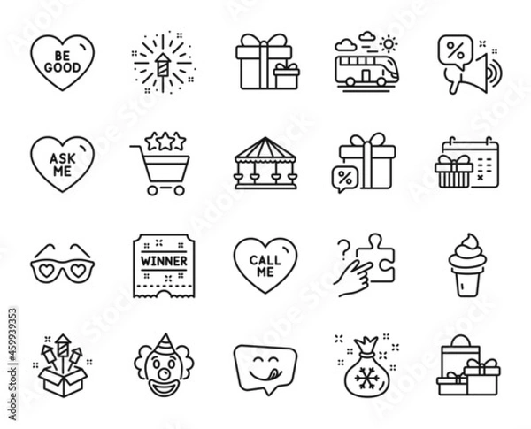Fototapeta Vector set of Yummy smile, Winner ticket and Ask me line icons set. Sale gift, Fireworks rocket and Shopping rating icons. Shopping, Search puzzle and Surprise package signs. Vector