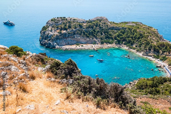 Fototapeta Anthony Quinn Bay in Faliraki on Rhodes Island, Greece. Top view