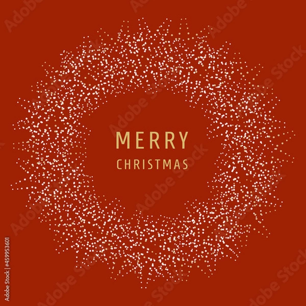 Fototapeta Christmas, New Year's wreath of shining white and gold dots, tiny beads, on a red background with space for text. Suitable for greeting card, invitation, banner, poster, background, save date, logo