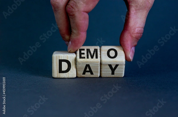 Fototapeta Demo day symbol. Businessman turns wooden cubes with concept words 'demo day' on a beautiful grey background. Copy space. Business and demo day concept.