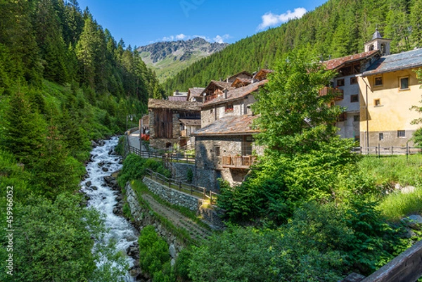 Obraz Idyllic sight in the beautiful village of Saint Rhemy en Bosses, in the Great St Bernard Valley. Aosta Valley, Italy.