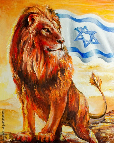 Obraz A picture of a portrait of an adult lion in close-up, with the flag of Israel in the background