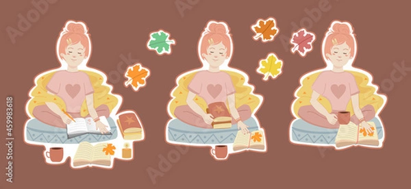 Fototapeta Set of autumn cozy stickers a girl wrapped in a warm blanket sits in a lotus position reads books, drinks coffee, writes in a diary.