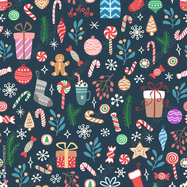 Fototapeta Vector seamless pattern with candies, gift boxes, branches, balls, snowflakes. Cute design for Christmas wrappings, textile, wallpaper and backgrounds.