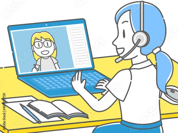 Fototapeta オンライン授業で画面に映る生徒と話す先生