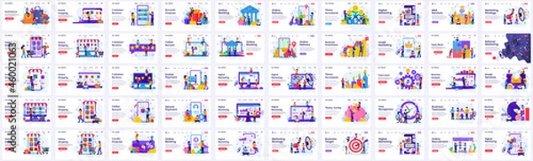 Fototapeta Mega Collection of Business concept flat vector illustration. Set of Landing page design concept of Business eCommerce, Marketing, Online Shopping, Delivery, Investment templates vector illustration