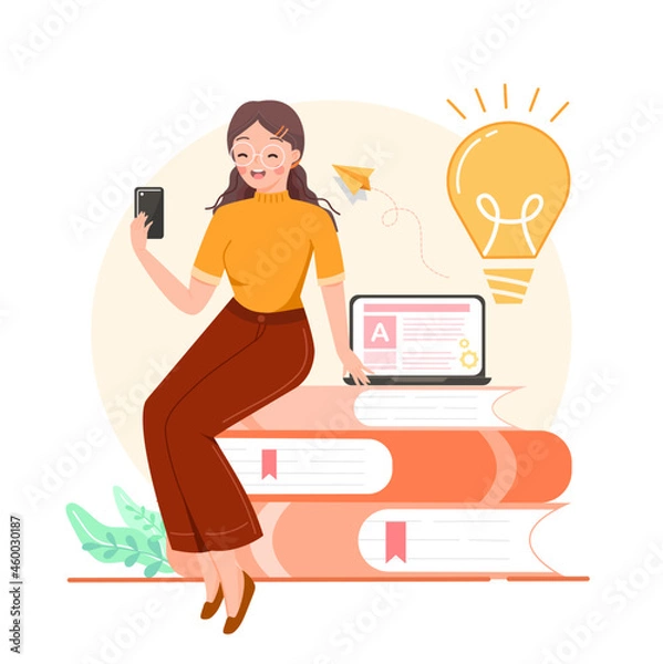 Fototapeta Software for online learning. Happy girl using mobile phone and reading digital book on pile of books with laptop on. Modern reading, web courses or tutorials. Education vlog. Flat vector illustration