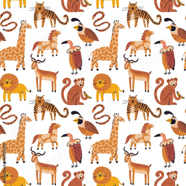 Fototapeta Cute wild animals seamless pattern. Cartoon tiger, monkey, lion, impala, horse, snake, vulture, quail doodle drawings on white background. Flat african animals textile vector print design