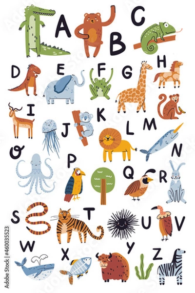 Fototapeta Cute nursery ABC poster with animals vector illustration. Tiger, monkey, yak, elephant, quail, tiger, lion doodle drawings on white background. Flat wild and sea animals, vector alphabet poster