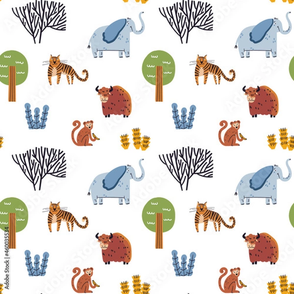 Fototapeta Cute safari animals and nature seamless pattern. Cartoon tiger, monkey, yak, elephant, african plants doodle drawings on white background. Flat wild animals textile vector print design