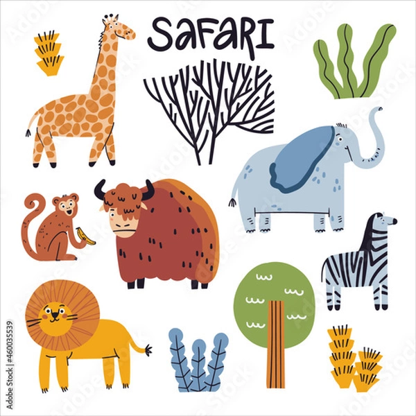 Fototapeta Cute safari animals and nature vector illustration. Cartoon tiger, monkey, yak, elephant, national park plants doodle drawings on white background. Flat wild animals textile vector print design