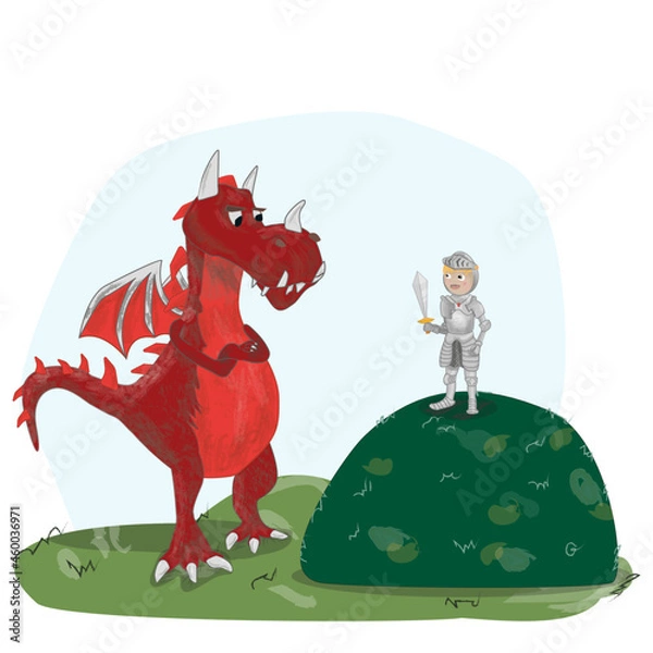 Fototapeta Grumpy dragon with knight