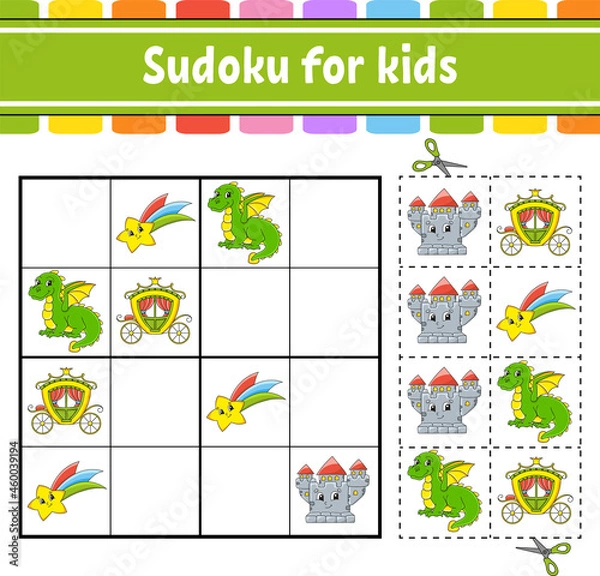 Fototapeta Sudoku for kids. Fairytale theme. Education developing worksheet. Activity page with pictures. Puzzle game for children. Isolated vector illustration. Funny character. Cartoon style.