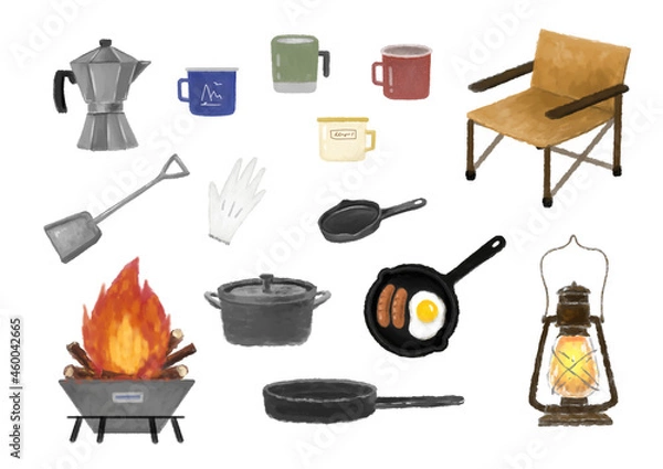 Obraz アウトドア・キャンプ道具の手描きイラストセット