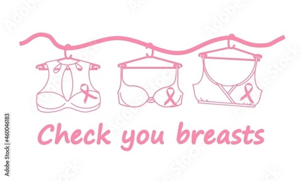 Fototapeta Breast Cancer Awareness Month vector banner with text Check your breasts. Breast cancer health and prevention concept. Lingerie hangs on a pink ribbon. Illustration for healthcare design. October