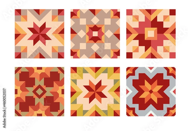 Fototapeta Ceramic tiles floor background set with classic pattern in worm palette. Geometric mosaic seamless pattern, ornament for paquet, patchwork, fabric, textile, wallpaper, wrapping paper