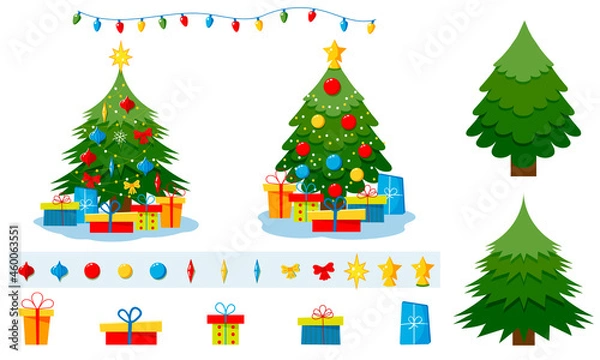 Fototapeta Set with Christmas tree with star, gift boxes, star, lights, decoration balls and lamps. Vector flat plane style illustration.