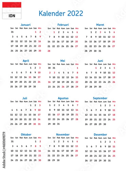 Fototapeta Simple annual 2022 year wall calendar. Indonesian language. Week starts on Monday. Sunday highlighted. With indonesia holidays highlighted. EPS 10 vector illustration, no transparency, no gradients