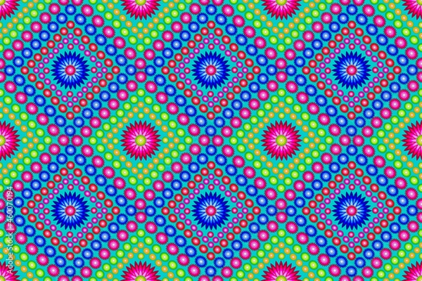 Fototapeta Multicolored floral patterns make up a seamless square grid on a cyan colored background.