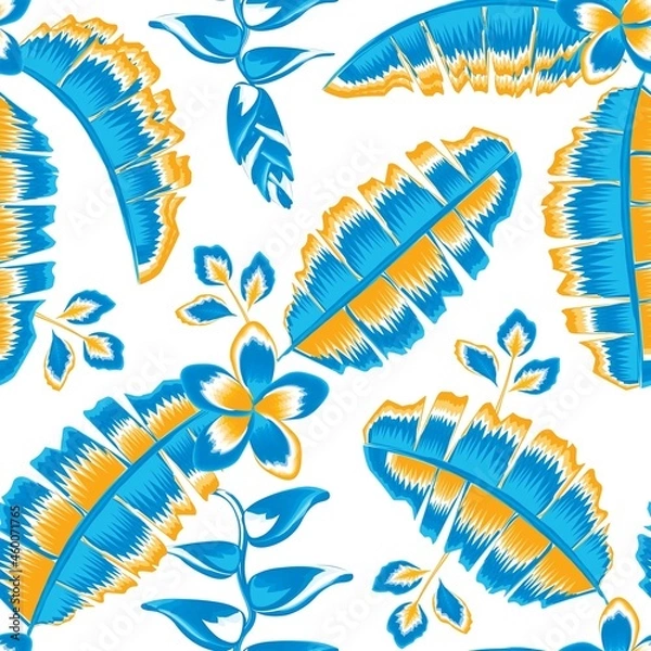 Fototapeta blue banana leaves with orange color combination and frangipani flowers, heliconia tropical seamless pattern plants in a beautiful frame for shirt. exotic summer design. jungle