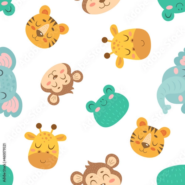 Fototapeta Seamless pattern with cute monkeys, elephants, giraffes, frogs isolated on white background